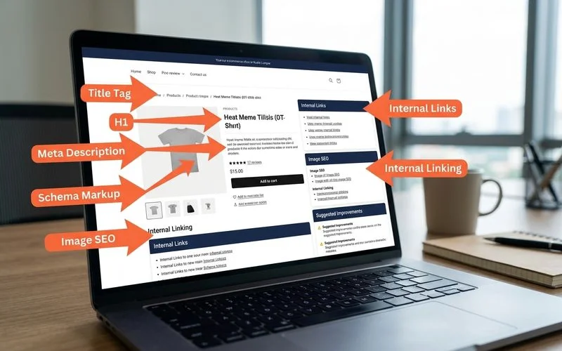 Annotated product page showing title, H1, schema markup, and image SEO