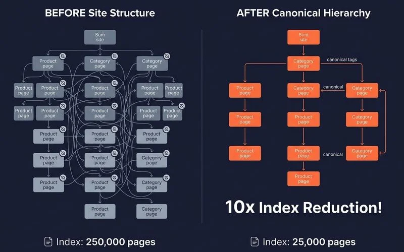 Before/after Shopify catalog architecture showing 10x indexed page reduction