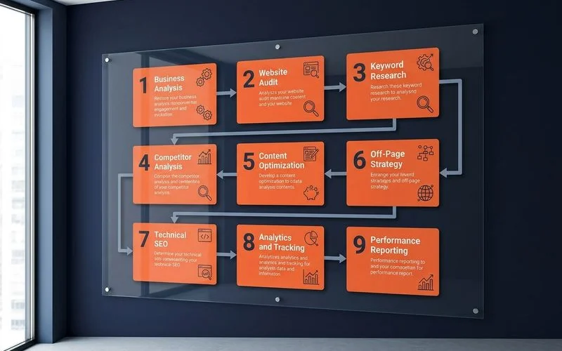 Detailed 9-step workflow showing each step in the SEO engagement