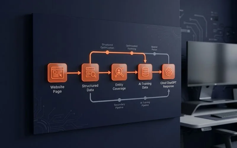 Diagram showing content flow from page to AI training to cited answer