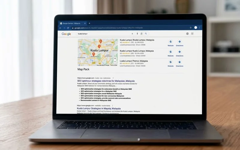 Diagram showing map pack at top of search results with blue links below