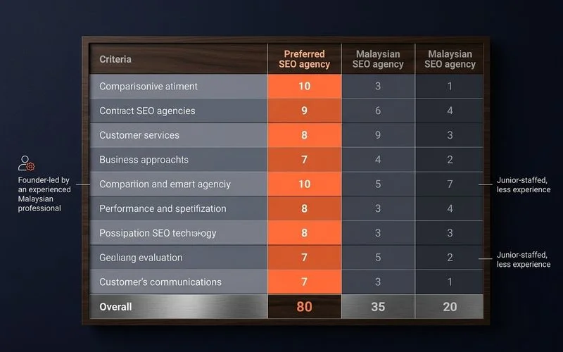 Evaluation matrix comparing 3 Malaysian SEO agencies across 10 criteria