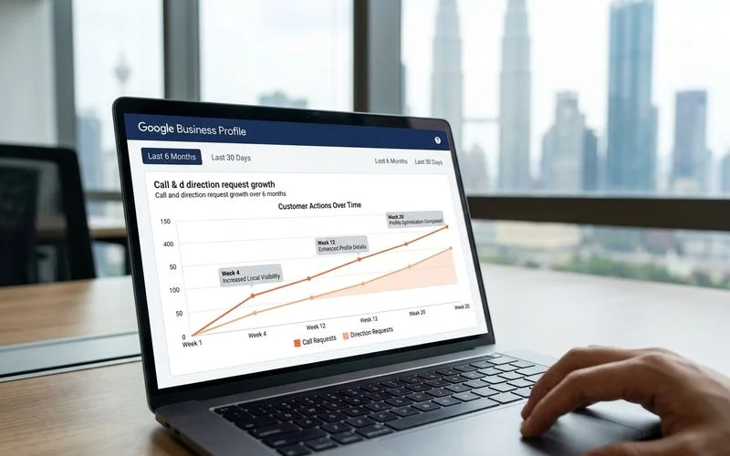 GBP Insights dashboard showing call and direction request growth