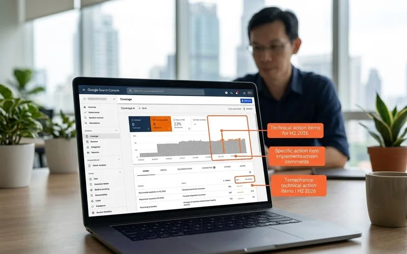 GSC coverage report annotated with H2 2026 priority actions