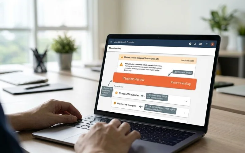 GSC manual actions panel screenshot with pending review status