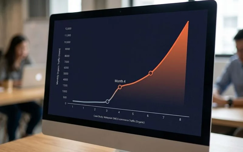 Hockey-stick organic traffic growth curve climbing from month 4 onward