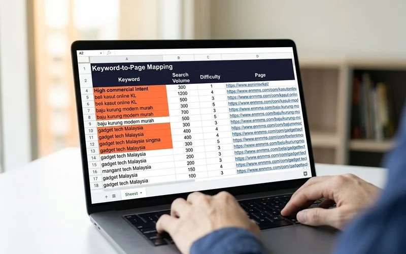 Keyword-to-page mapping spreadsheet with 30 keywords assigned to 12 pages