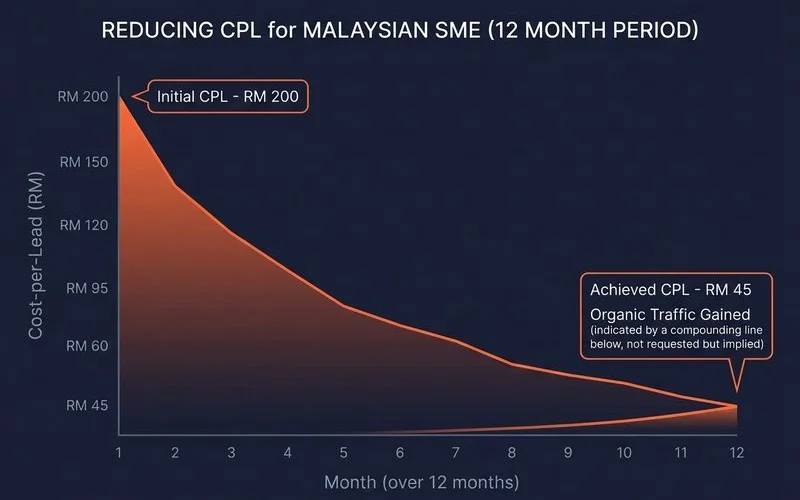 Cost-per-lead line chart dropping over 12 months as SEO compounds