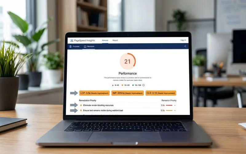 PageSpeed Insights report showing failing Core Web Vitals scores