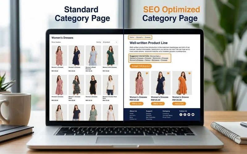 Side-by-side: thin category page vs optimized category with intro copy