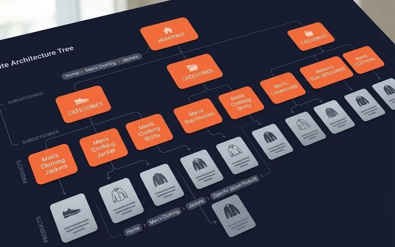 Site architecture tree diagram for an optimized e-commerce catalog