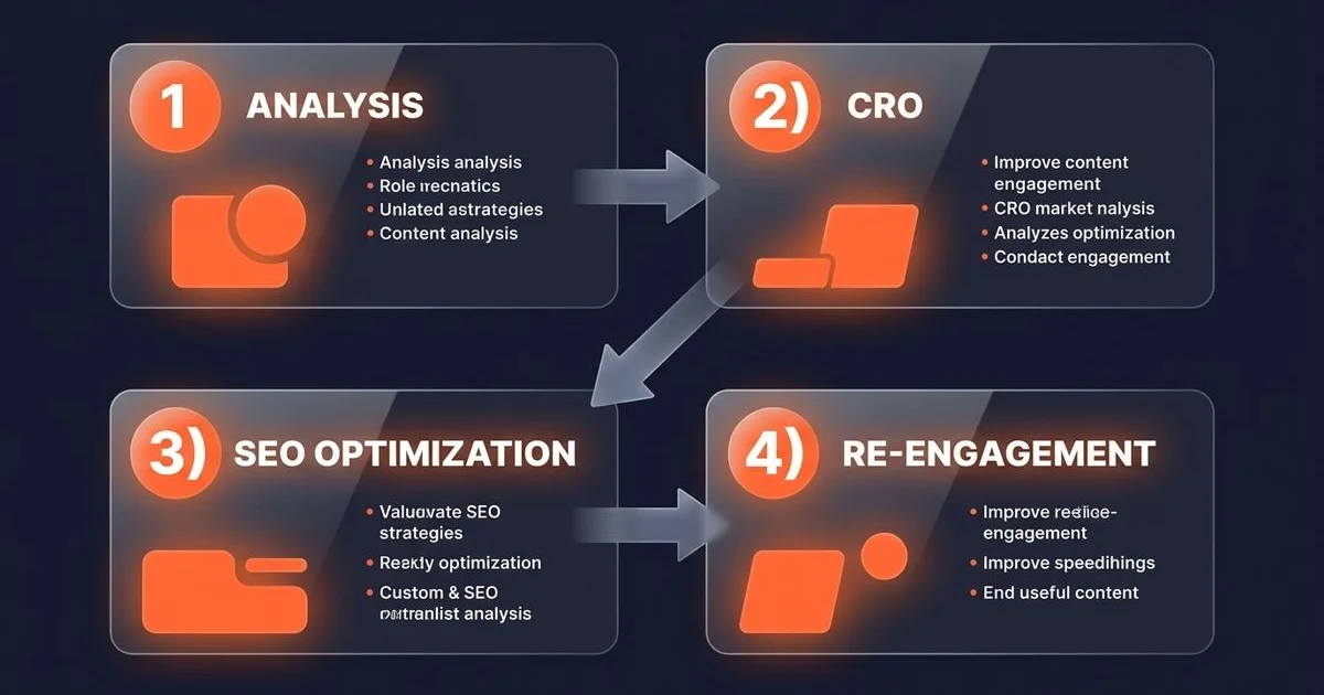4-Stage 9-Step SEO Framework diagram showing Analysis, CRO, SEO Optimization, Re-Engagement stages