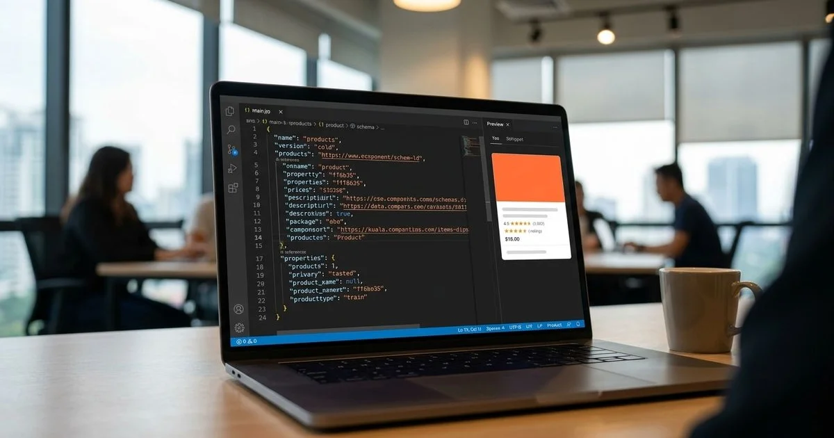 Code editor showing JSON-LD product schema with rich result preview