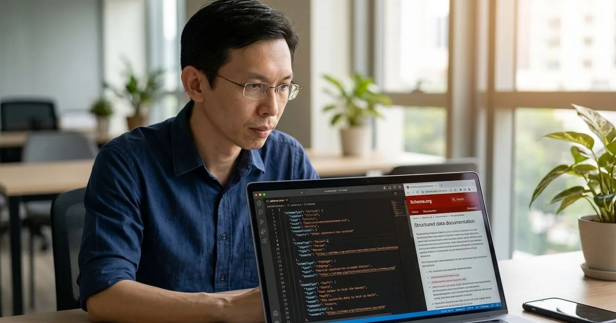 Code editor showing multiple JSON-LD schema blocks for AI search optimization