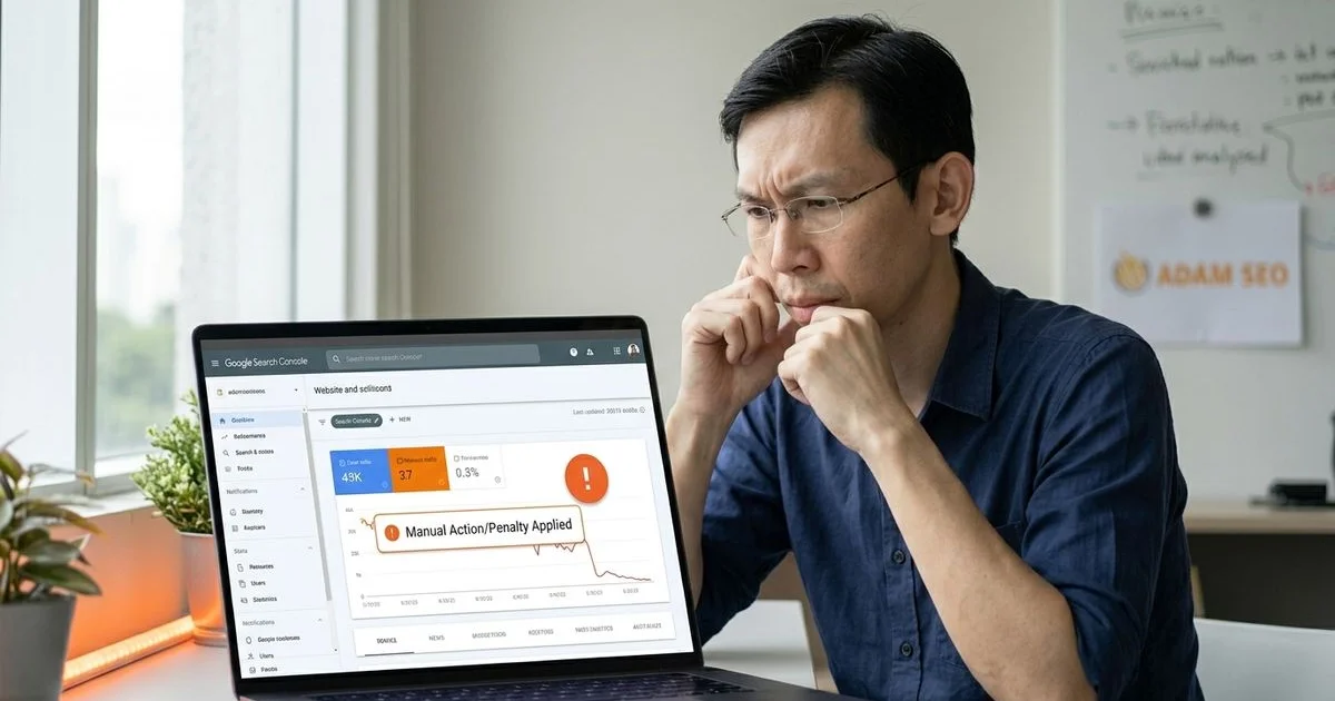 Frustrated Malaysian business owner looking at GSC traffic graph with sudden drop