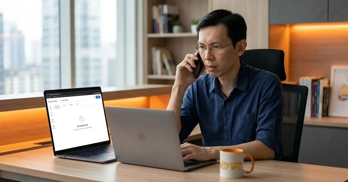 Frustrated Malaysian business owner viewing empty Google Maps search for their business