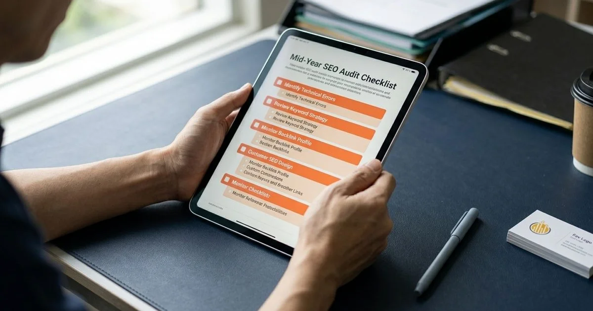 Mid-year SEO audit checklist on tablet with technical priority items highlighted