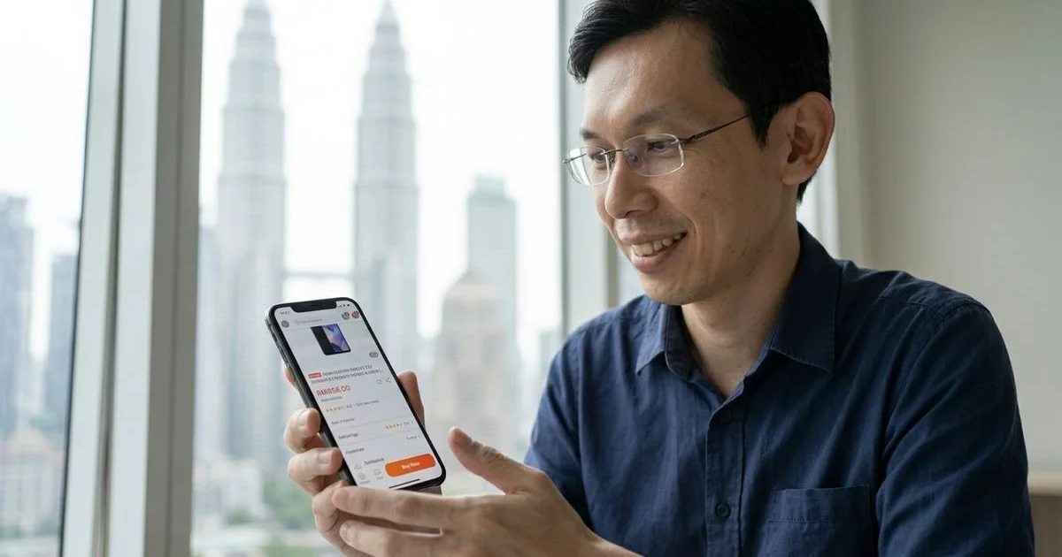 Mobile product page mockup of Malaysian electronics store with optimized SEO layout