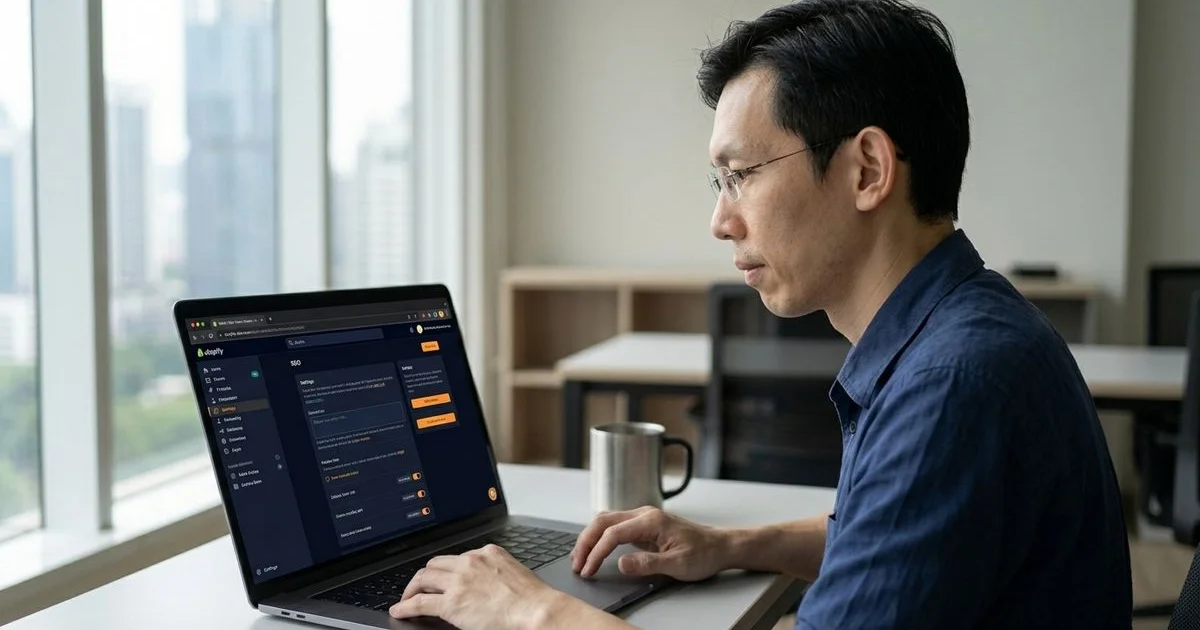 Laptop showing Shopify admin SEO settings panel for Malaysian e-commerce store