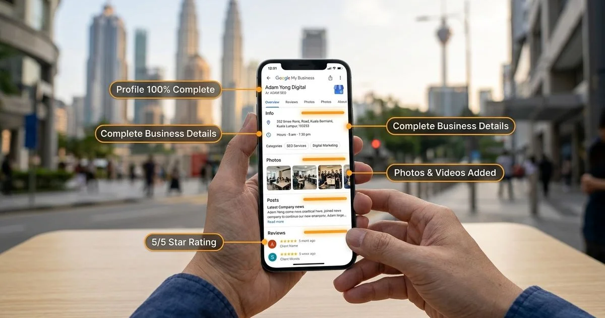 Phone screen showing fully optimized Google Business Profile of a Kuala Lumpur SME