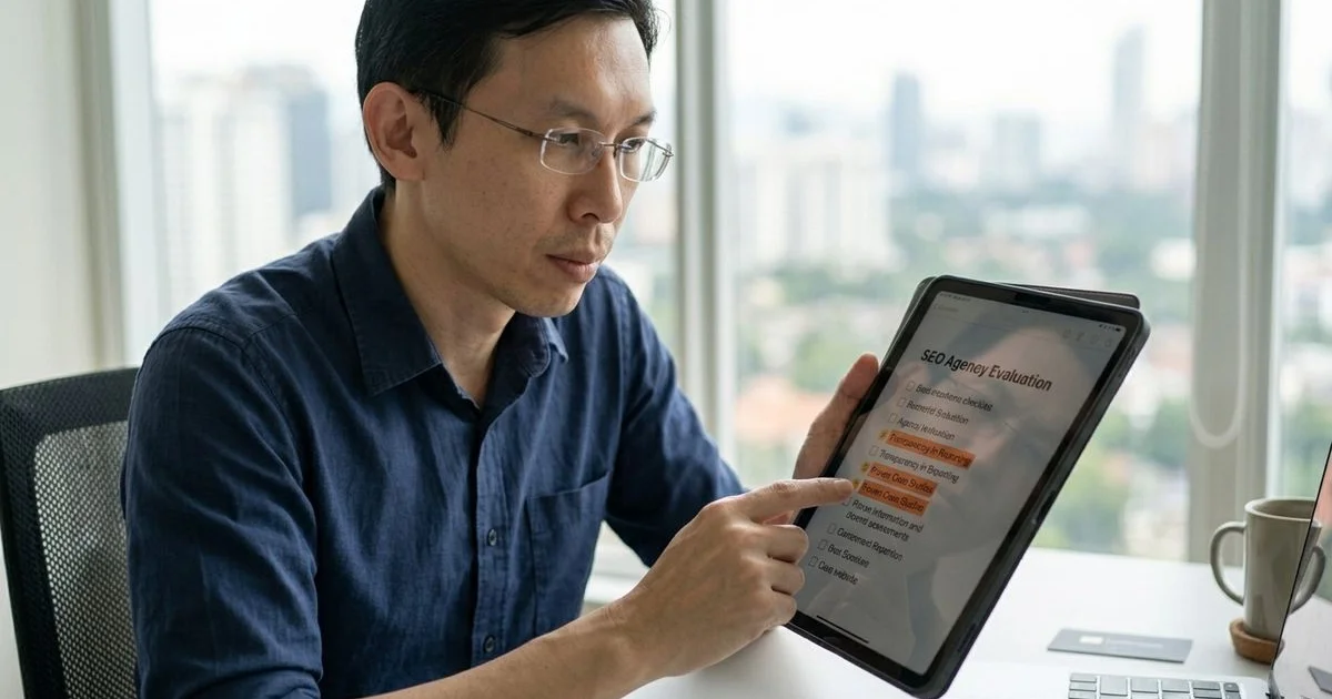 Professional checklist on tablet showing 10 questions to ask an SEO agency