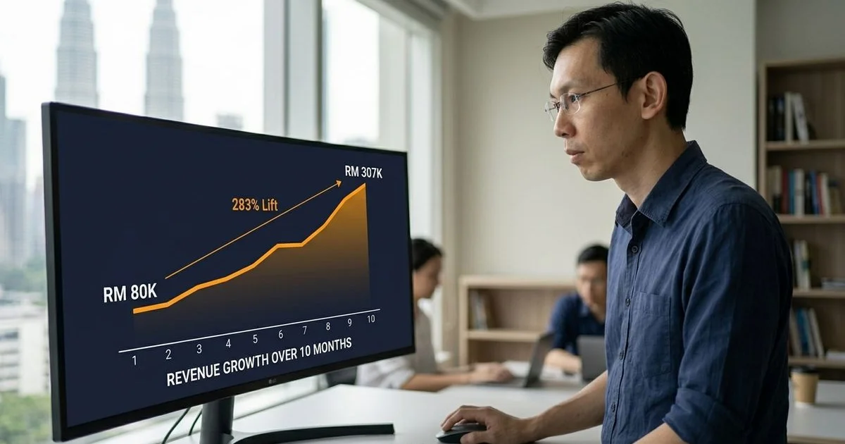 Revenue growth chart showing RM 80K to RM 307K monthly lift for a Malaysian e-commerce client