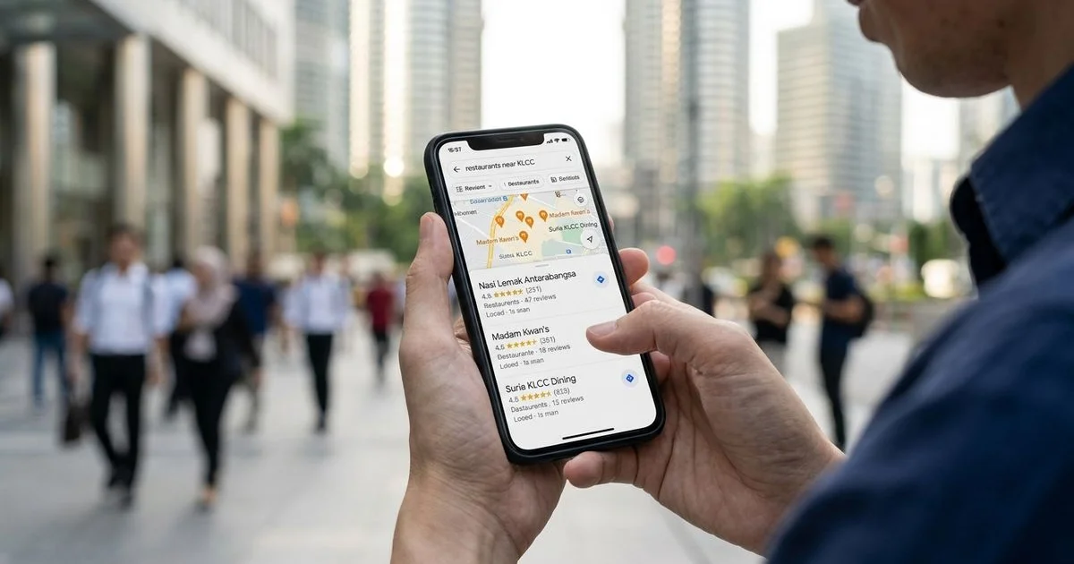 Smartphone showing Google Maps map-pack of three local Malaysian businesses with star ratings