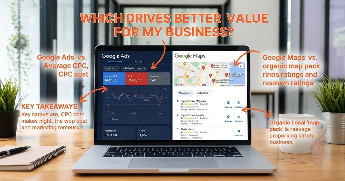 Split-screen comparison showing Google Ads dashboard versus organic search results