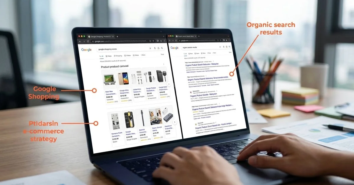 Split-screen showing Google Shopping carousel versus organic product results