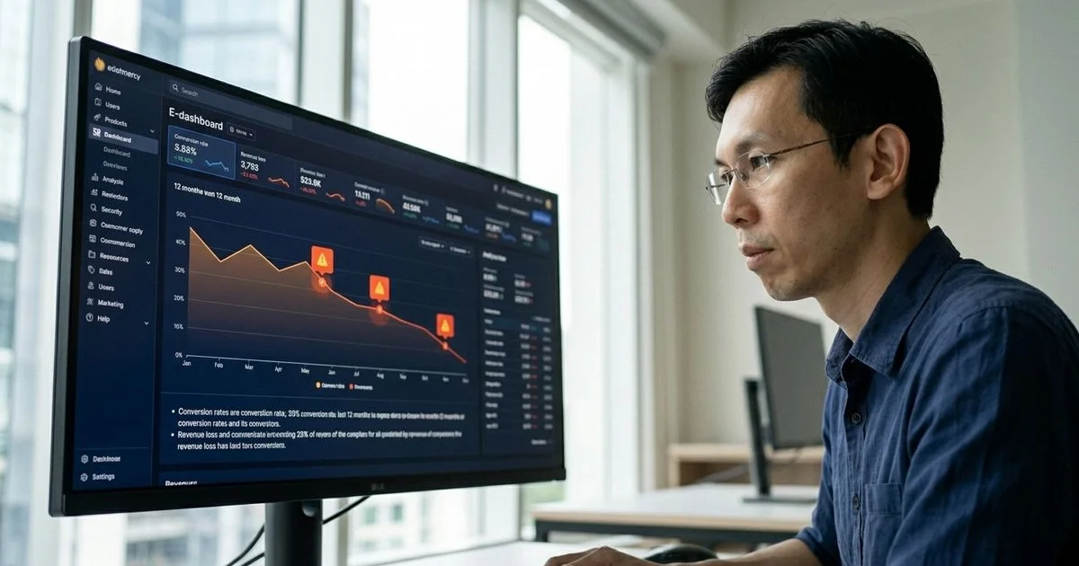 Store dashboard showing ranking decline with red warning markers and revenue impact