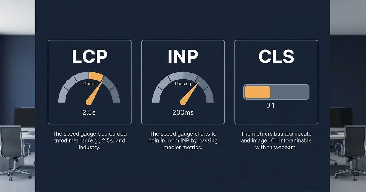 Three-panel infographic showing LCP, INP, CLS with green/yellow/red thresholds
