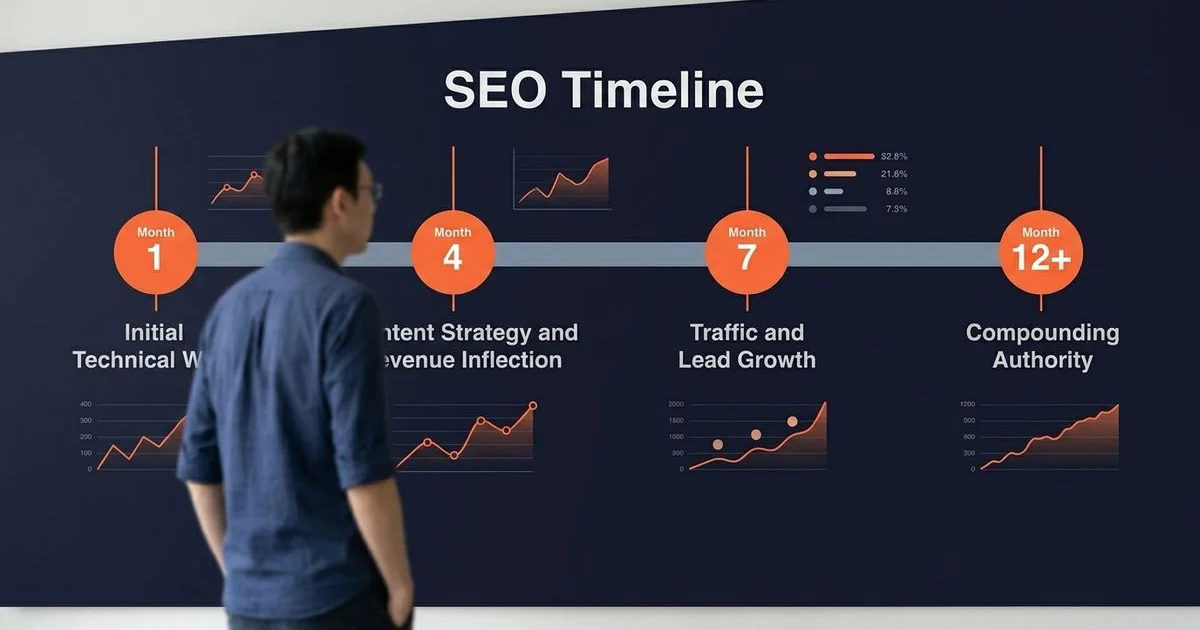 12-month SEO timeline showing milestones from technical quick wins to compounding authority