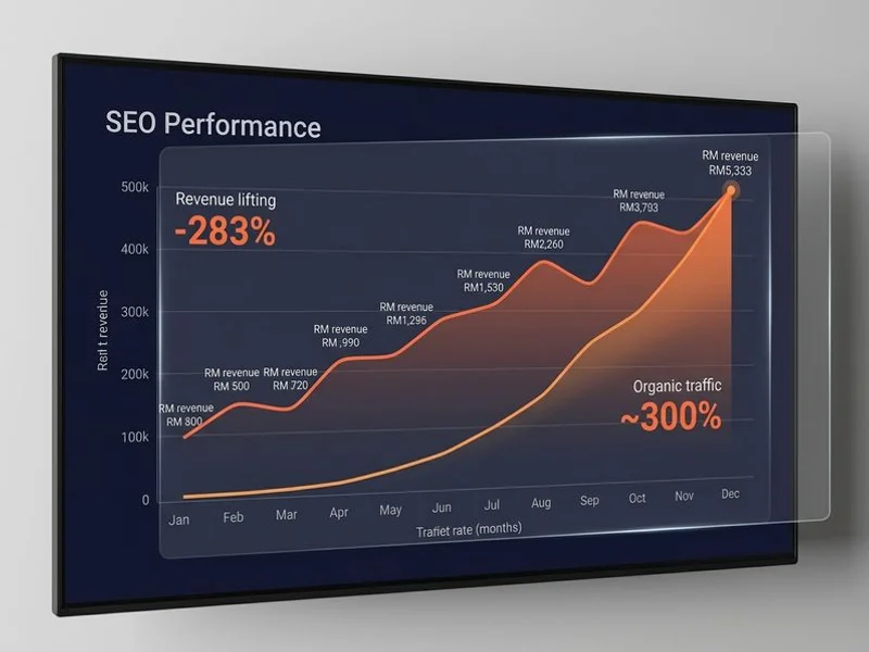 SEO performance dashboard showing 283% revenue lift and 300% organic traffic growth over 12 months